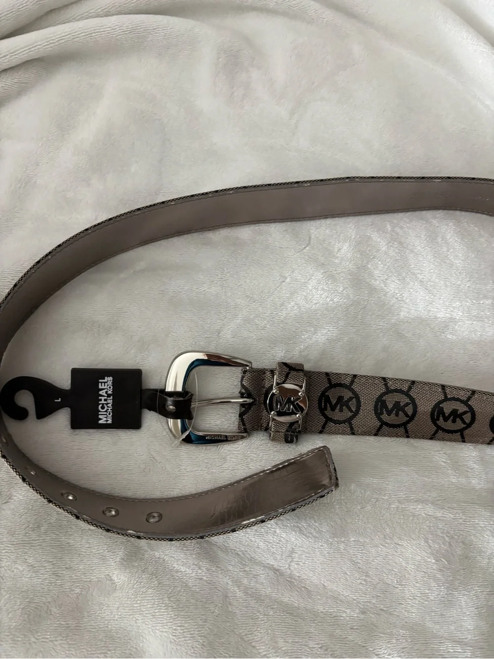 Michael Kors Beige Taupe MK Logo Belt with Silver Hardware